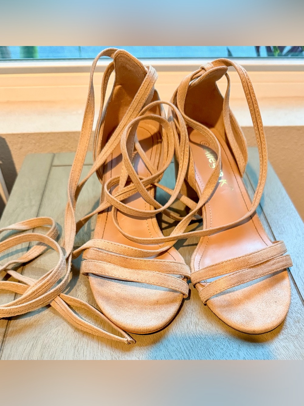 Allegra K Blush Tan Lace-Up Suede Heeled Sandals